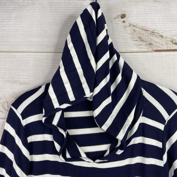 MARKET & SPRUCE Top Sz XL Blue Striped Hooded Long Sleeve Rayon Knit Top Pocket - Picture 5 of 9